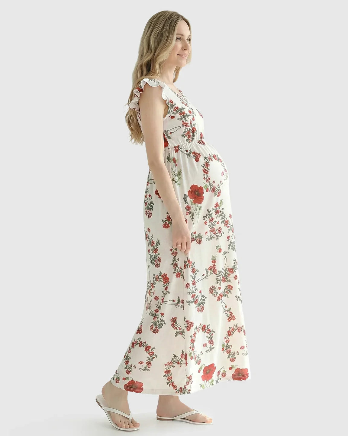 Bump Society – The Comfort Collection: Ruffle Shoulder Floral Maternity Maxi Dress