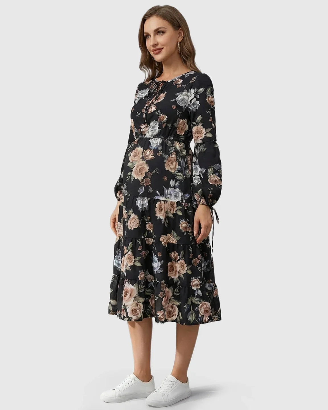 Bump Society – The Comfort Collection: Floral Tiered Hem Boho Maternity Midi Dress