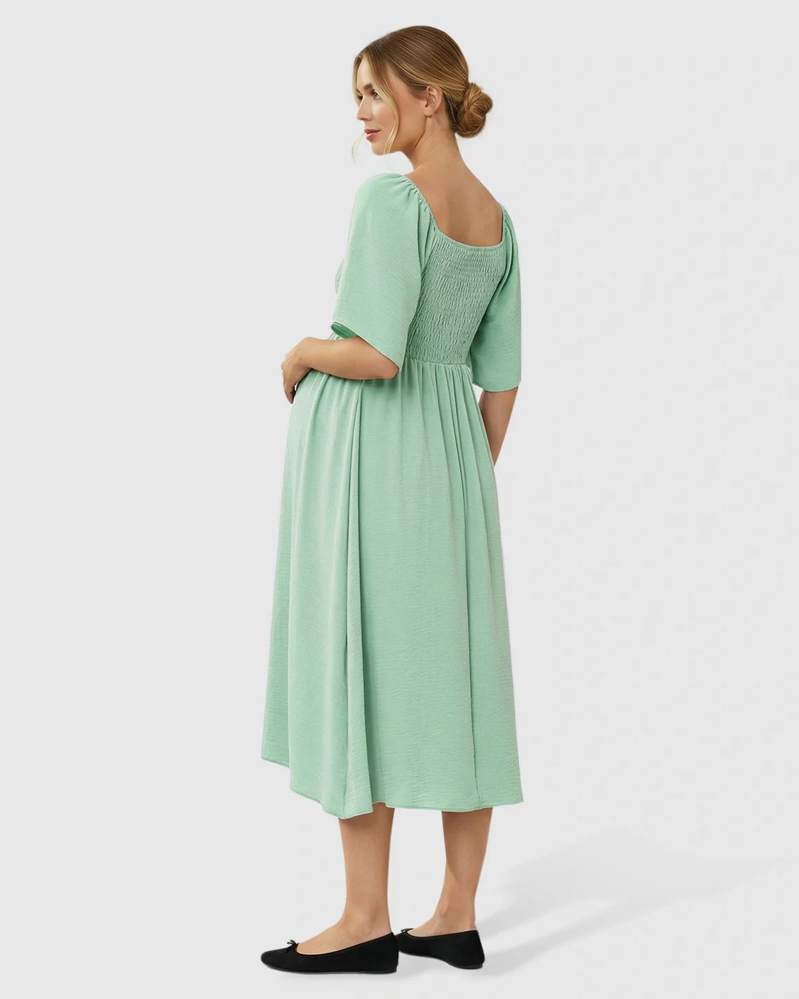 Bump Society – The Comfort Collection: Tie-Knot Front Swing Silhouette Maternity Midi Dress
