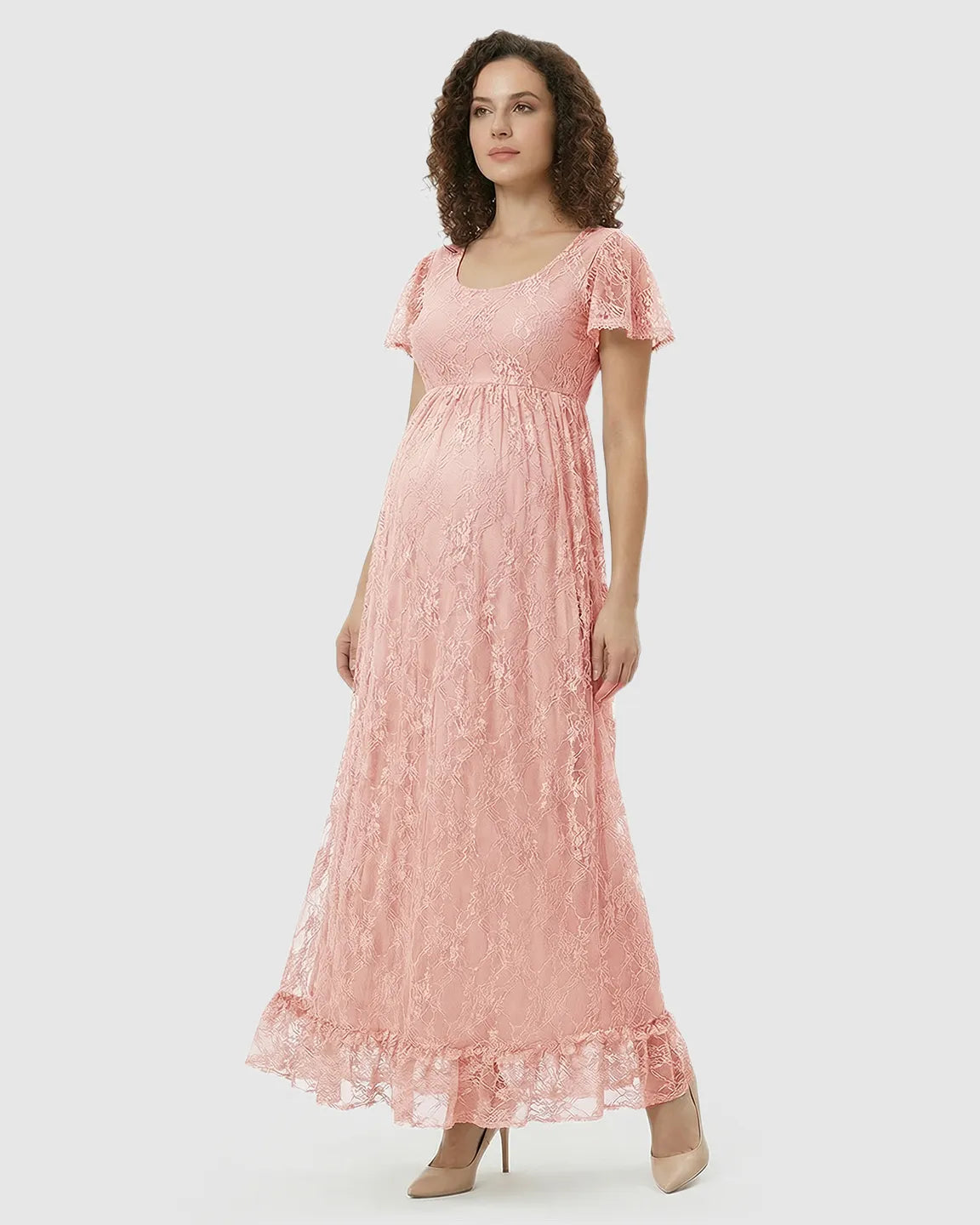 Bump Society – The Comfort Collection: Ruffled Hem Floral Lace Maternity Photoshoot Dress