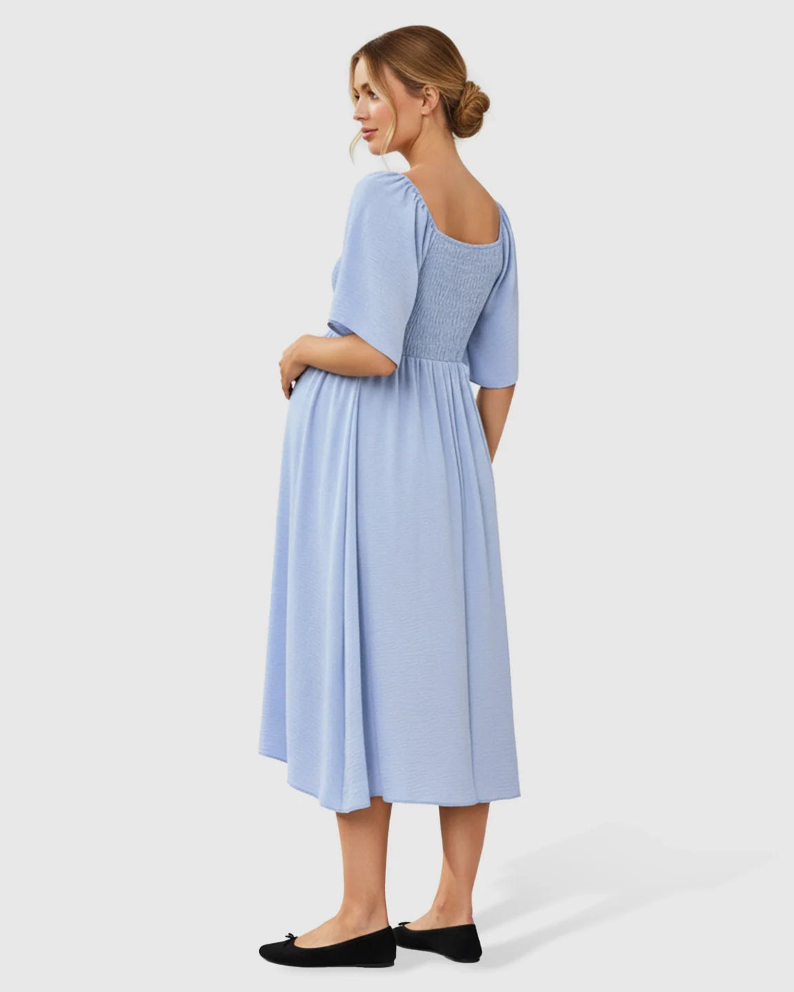 Bump Society – The Comfort Collection: Tie-Knot Front Swing Silhouette Maternity Midi Dress