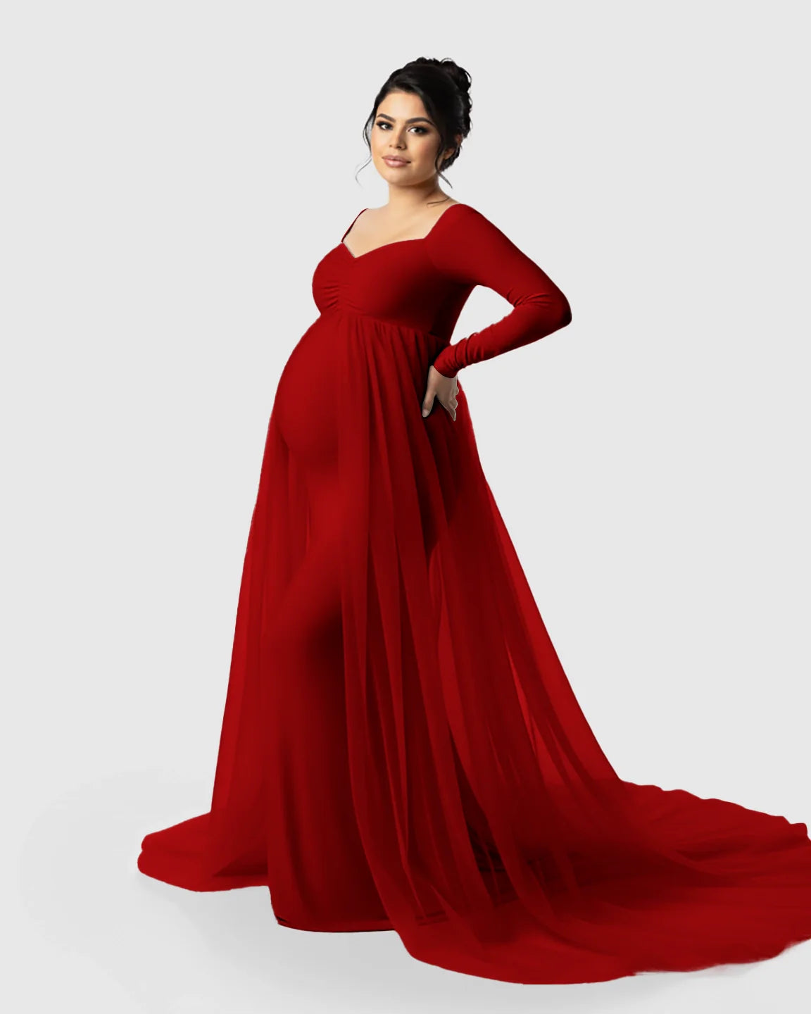 Bump Society – The Comfort Collection: Sheer Mesh Flowy Train Maternity Maxi Dress
