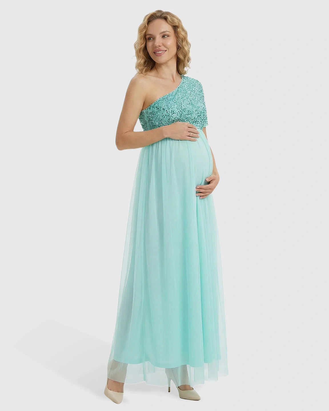 Bump Society – The Comfort Collection: Sequin One-Shoulder Flowy Maternity Maxi Dress