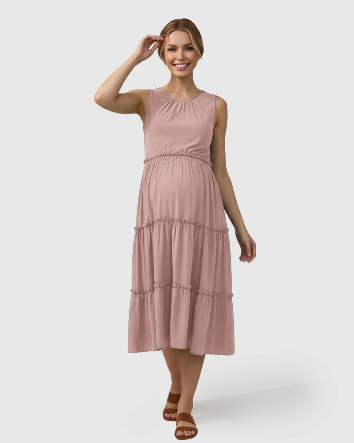 Bump Society – The Comfort Collection: Tiered Ruffle Skirt Casual Maternity Midi Dress