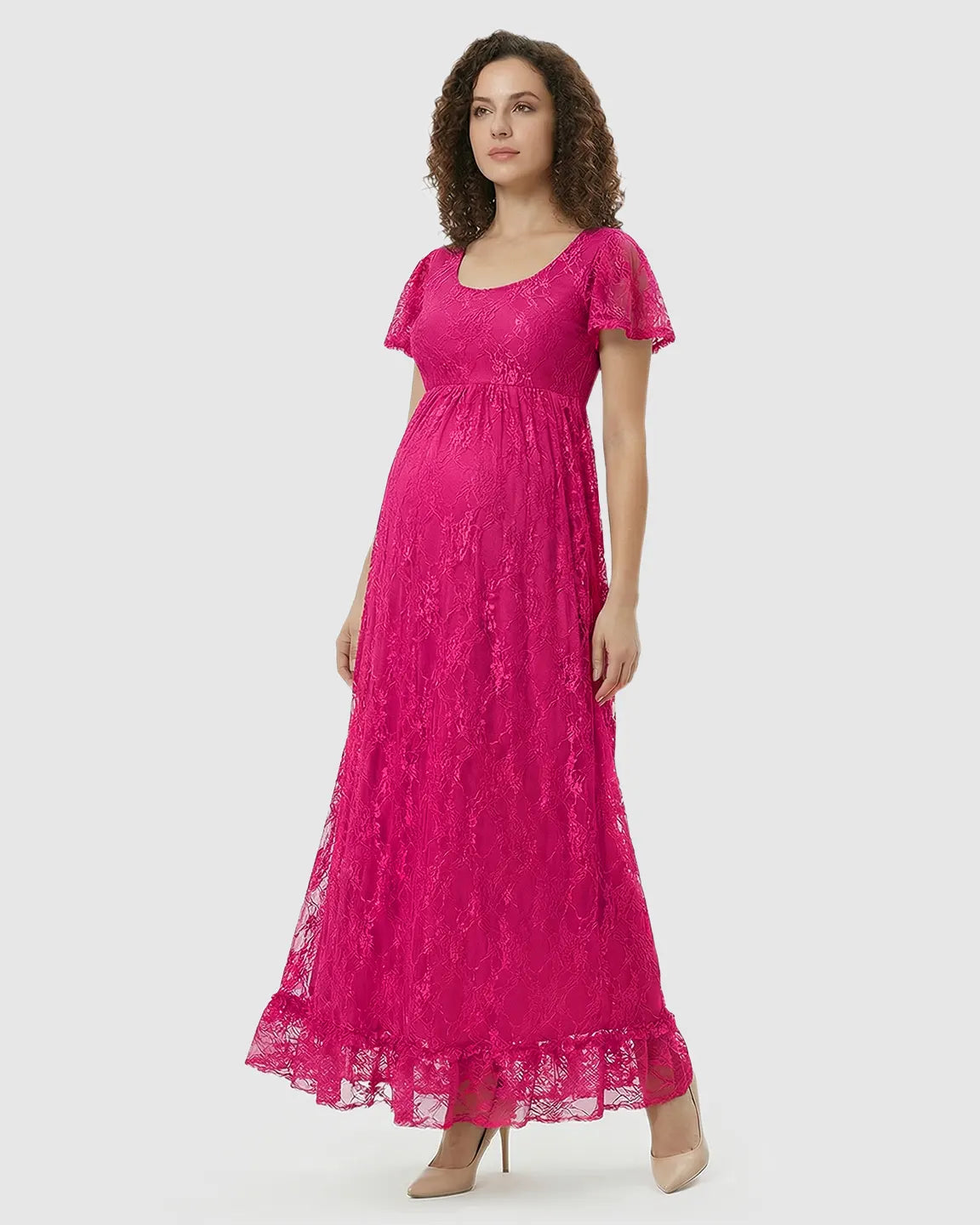 Bump Society – The Comfort Collection: Ruffled Hem Floral Lace Maternity Photoshoot Dress