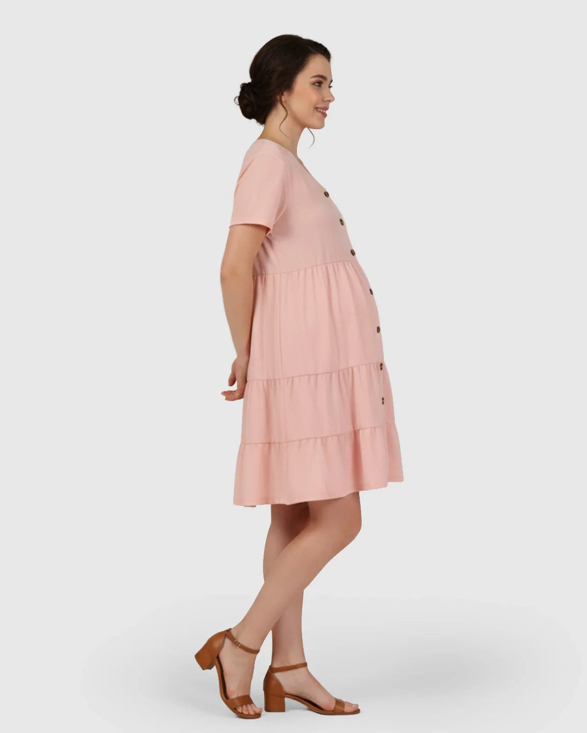 Bump Society – The Comfort Collection: Button Up Tiered Maternity Mini Dress
