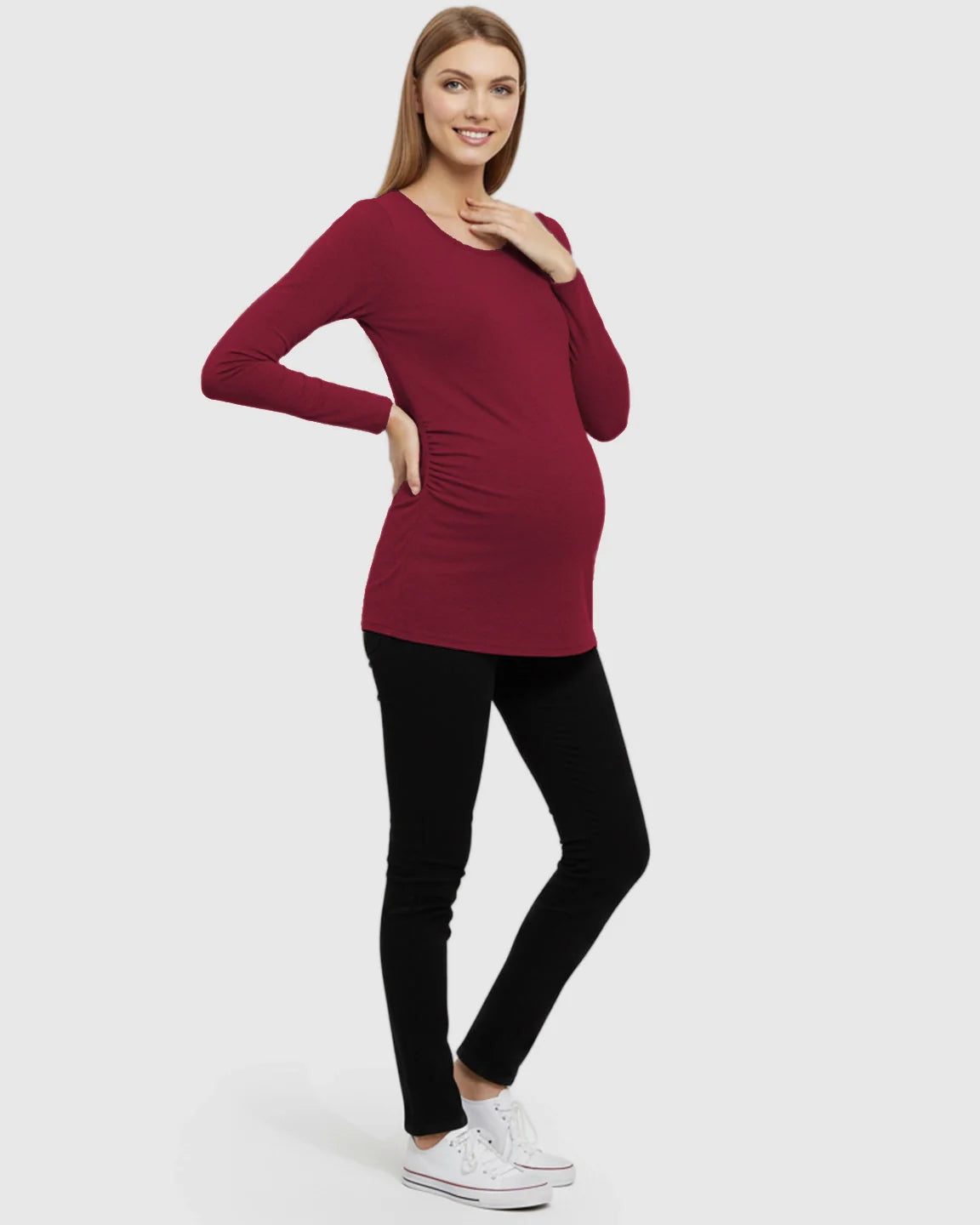 Bump Society – The Comfort Collection: Side Ruched Slim Fit Long Sleeve Maternity Top