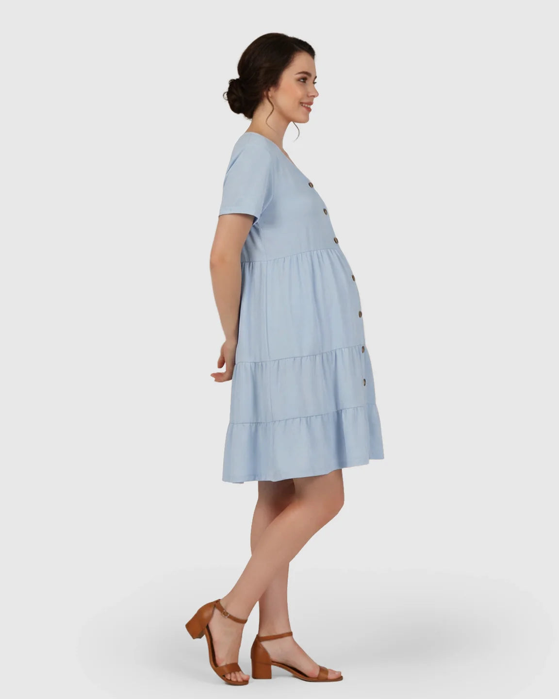 Bump Society – The Comfort Collection: Button Up Tiered Maternity Mini Dress