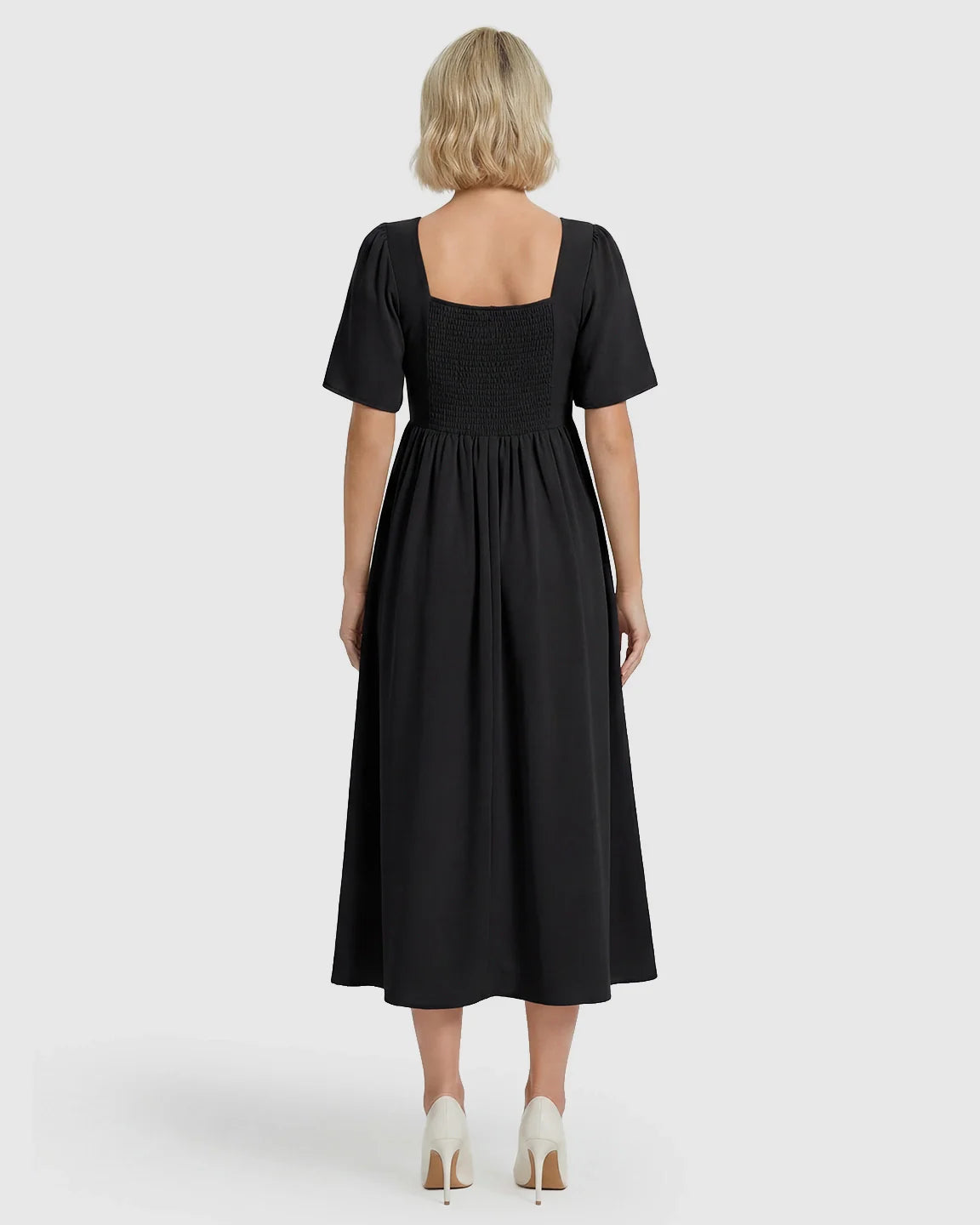 Bump Society – The Comfort Collection: Shirred Ruffle Sleeve Swing Maternity Midi Dress