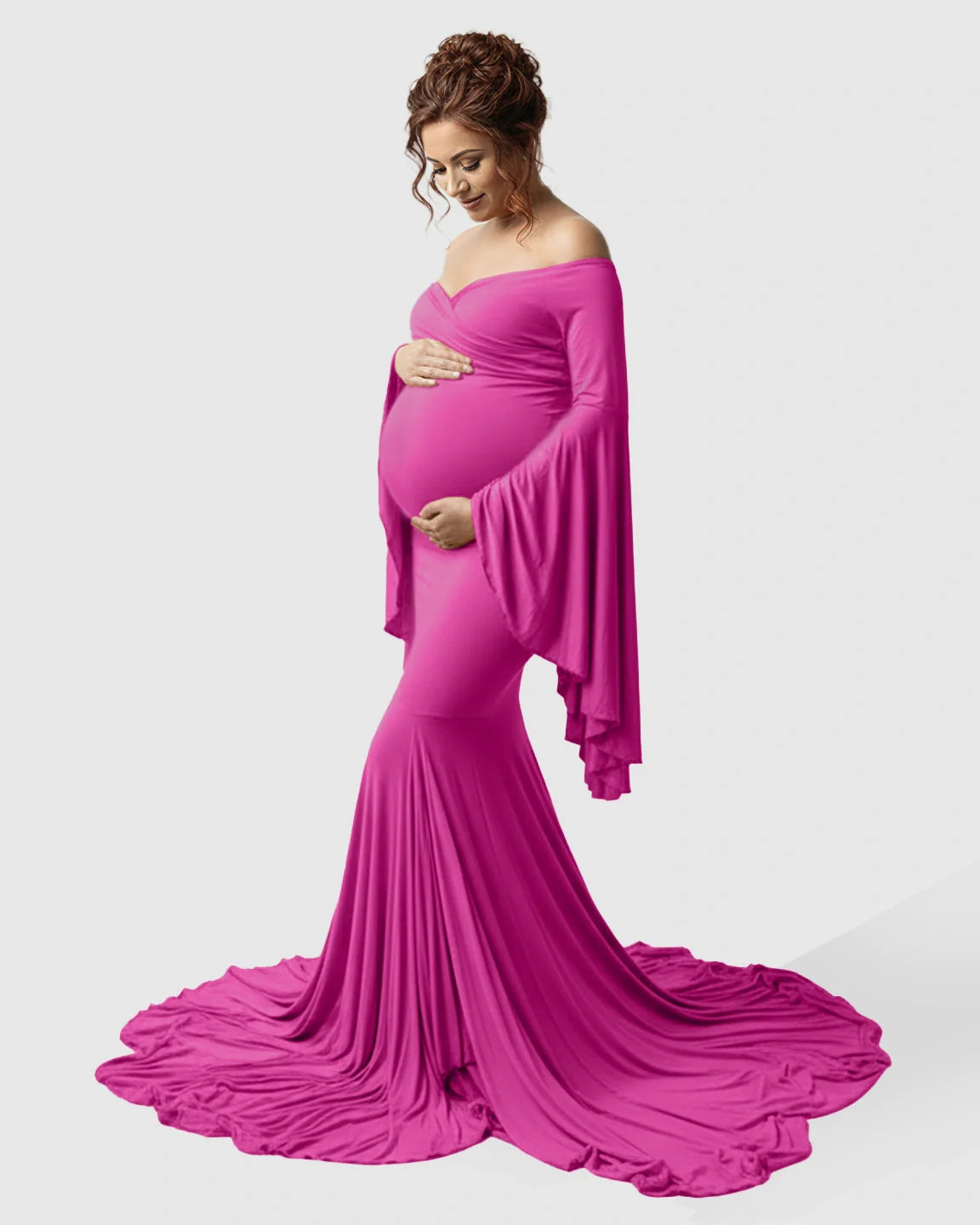 Bump Society – The Comfort Collection: Flared Sleeve Fishtail Train Maternity Photoshoot Dress