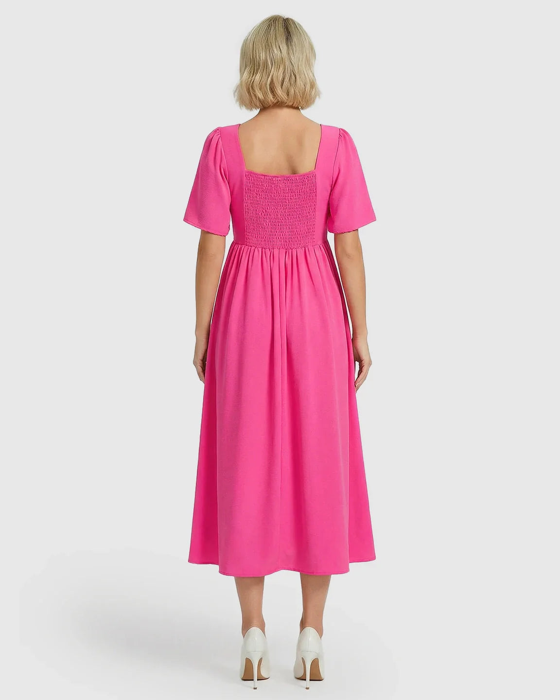 Bump Society – The Comfort Collection: Shirred Ruffle Sleeve Swing Maternity Midi Dress