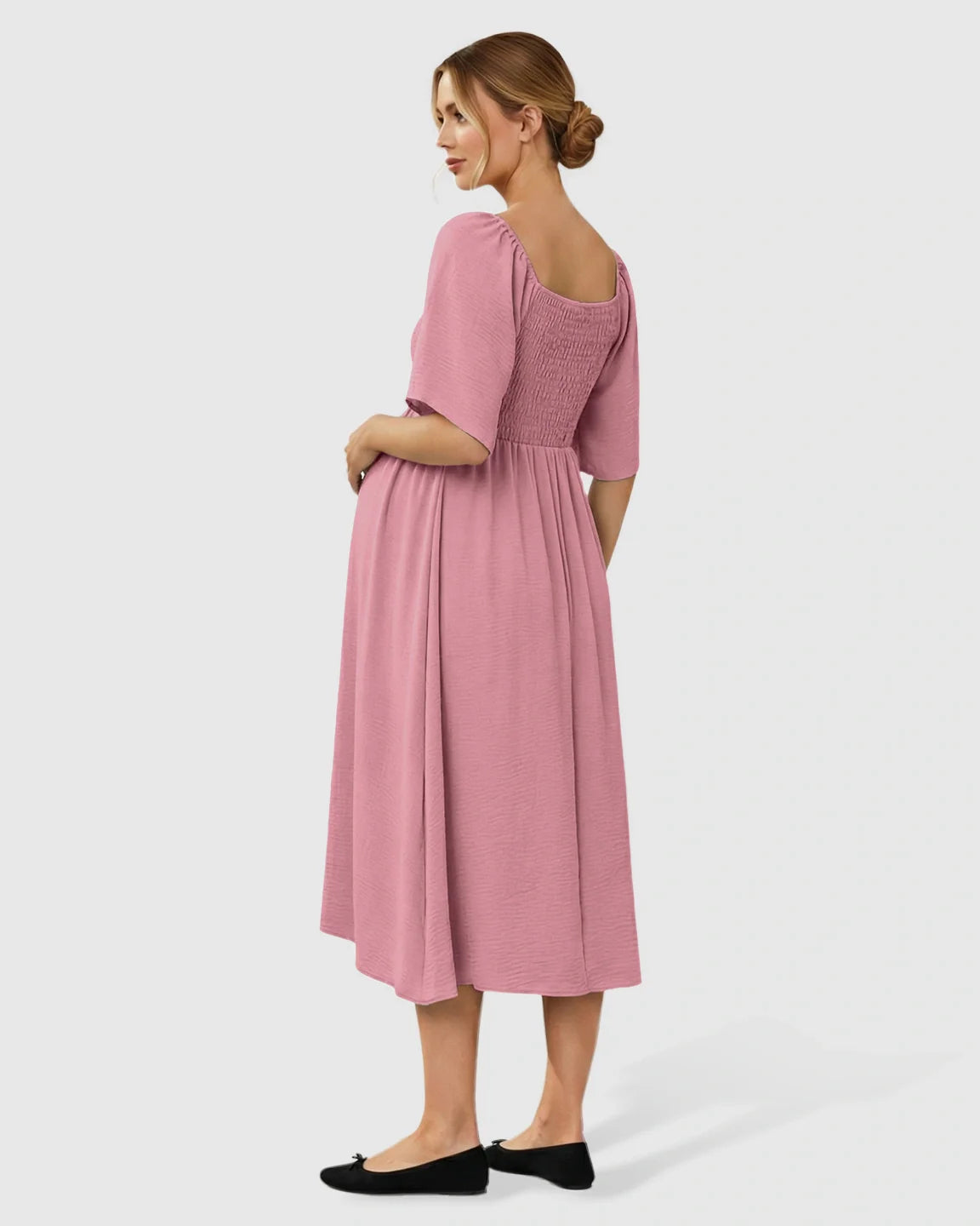 Bump Society – The Comfort Collection: Tie-Knot Front Swing Silhouette Maternity Midi Dress
