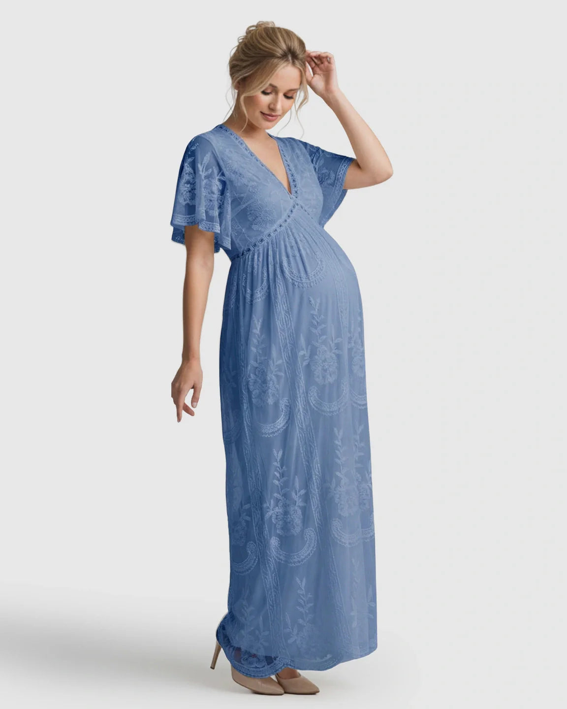Bump Society – The Comfort Collection: Sheer-Lace Romantic Maternity Maxi Dress