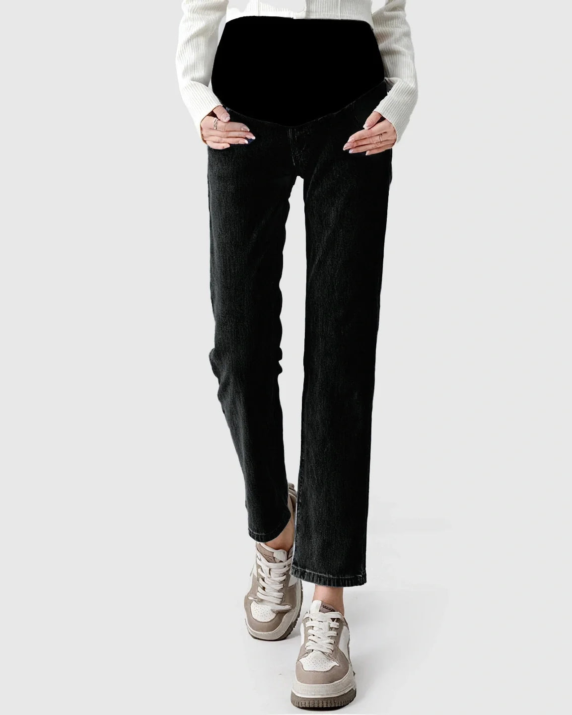 Black stretch denim straight-leg maternity jeans with a supportive over-the-belly panel.