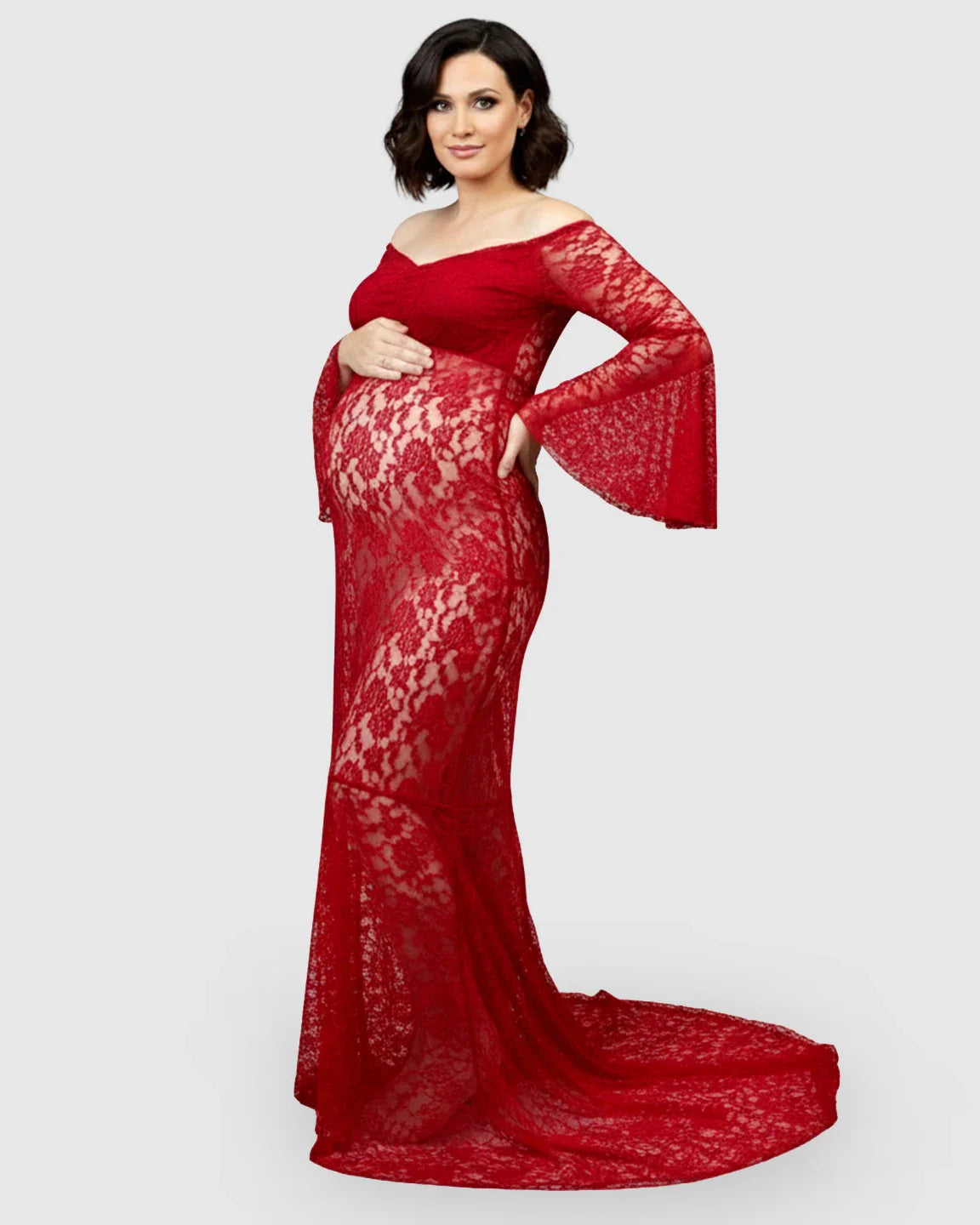 Bump Society – The Comfort Collection: Bell Lace Sleeve Trailing Maternity Gown