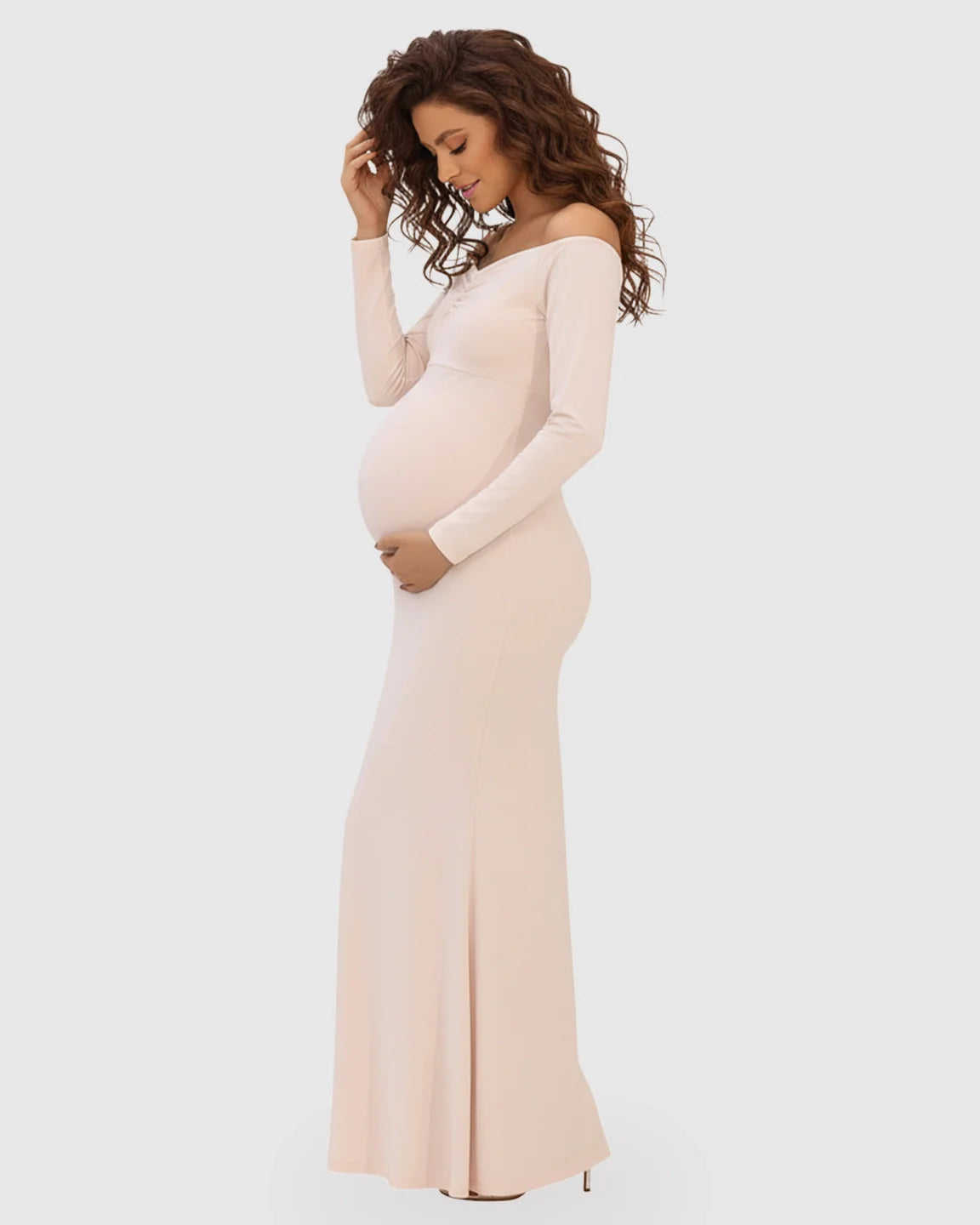 Bump Society – The Comfort Collection: Off-Shoulder Fitted Bodice Maternity Maxi Dress