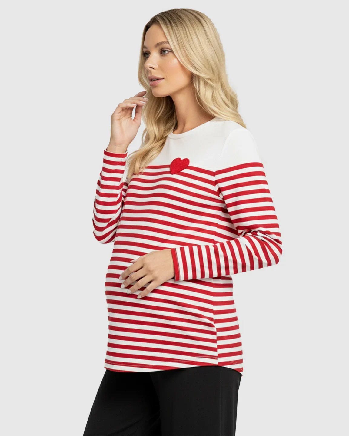 Maternity top: white and red striped, long-sleeve, loose-fit with an embroidered red heart.
