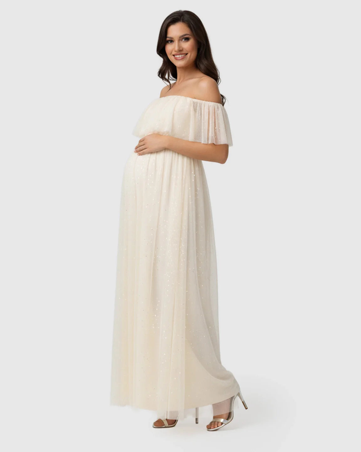 Bump Society – The Comfort Collection: Off-Shoulder Ruffled Mesh Maternity Maxi Dress
