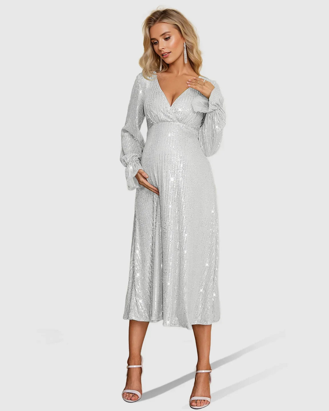 Bump Society – The Comfort Collection: Fully Sequined Empire-Waist Maternity Midi Dress