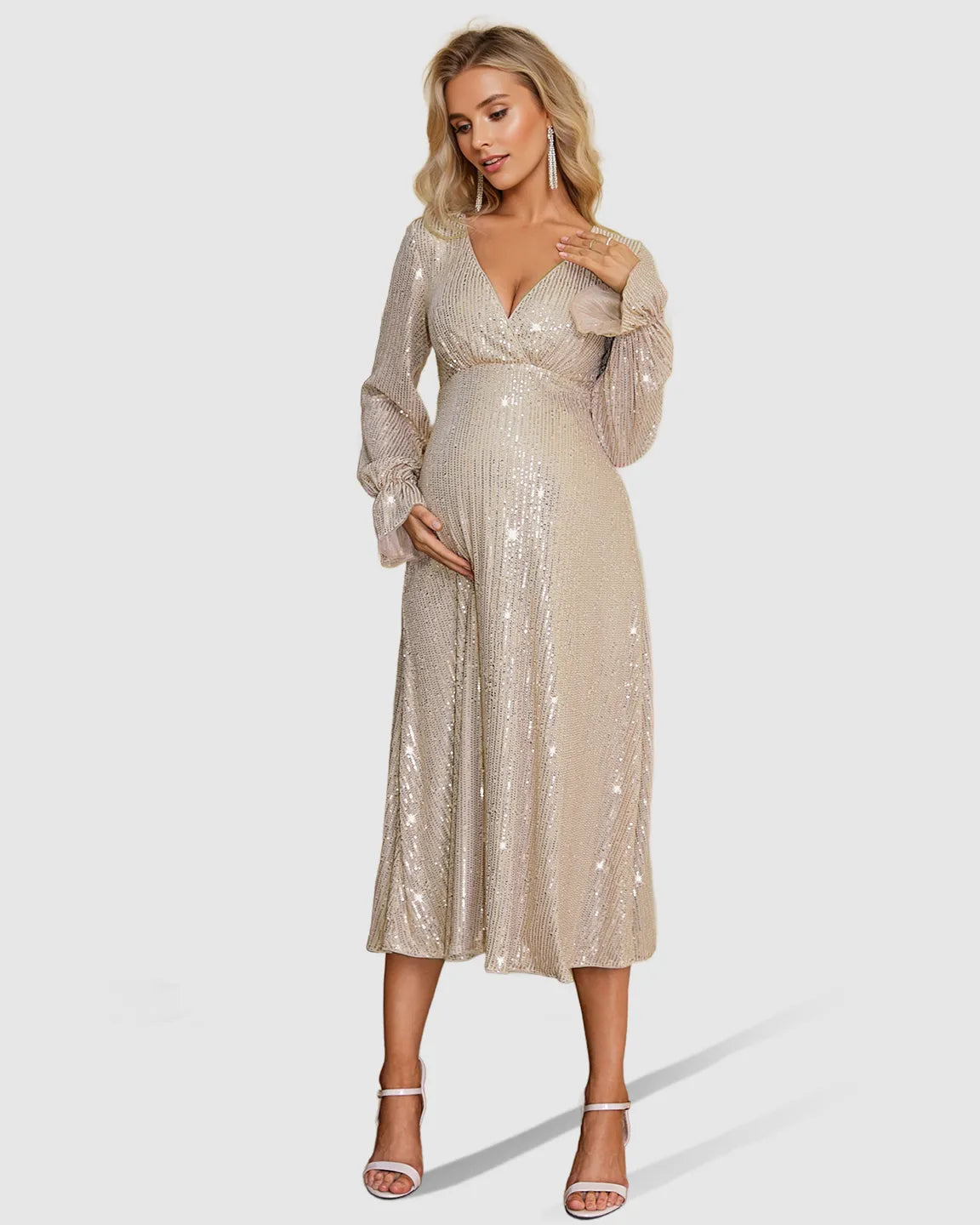 Bump Society – The Comfort Collection: Fully Sequined Empire-Waist Maternity Midi Dress