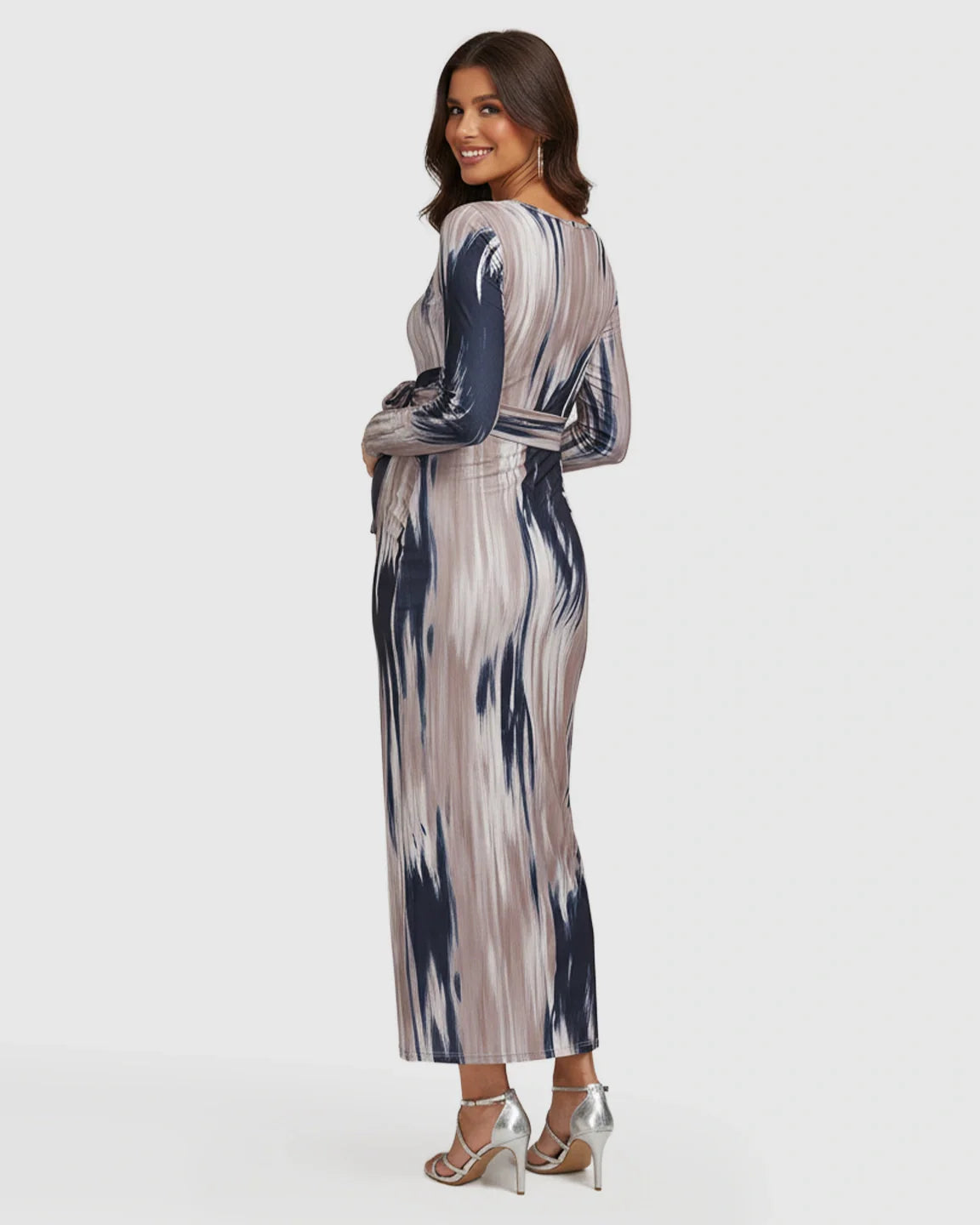 Bump Society – The Comfort Collection: Adjustable Tie-Waist Ink-Wash Maternity Maxi Dress