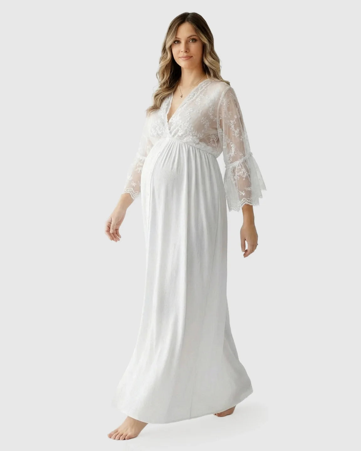 Bump Society – The Comfort Collection: Lace Bell-Sleeve V-Neck Maternity Gown