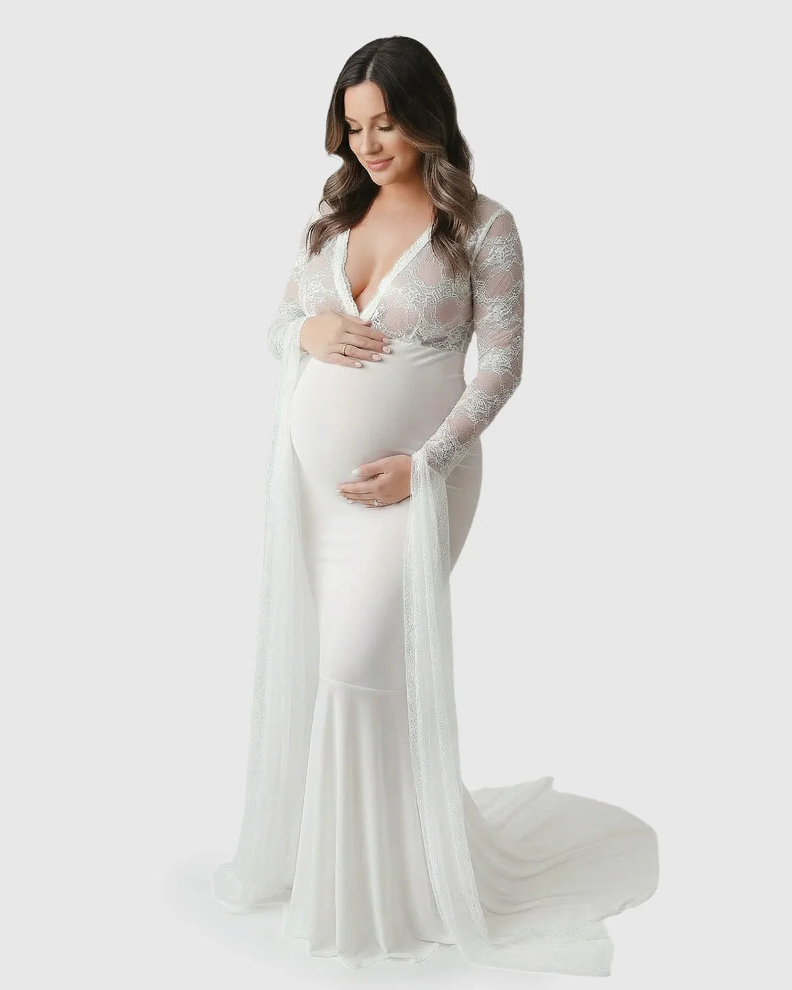 Bump Society – The Comfort Collection: Lace Deep-V Floor-Length Maternity Gown