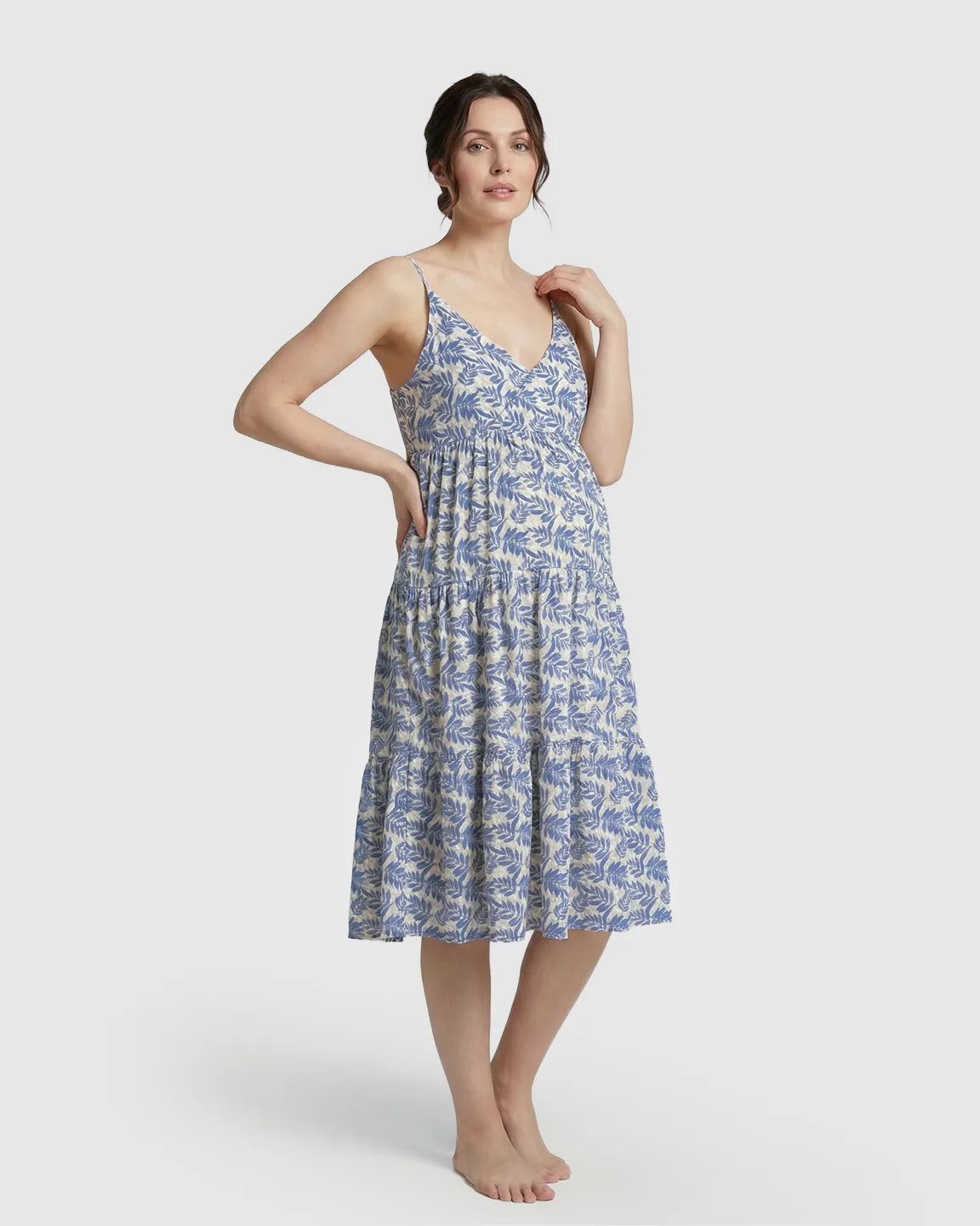 Bump Society – The Comfort Collection: Adjustable-Strap Blue Leaves Print Maternity Nightdress
