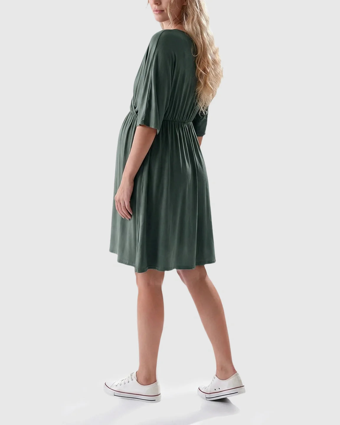 Maternity midi dress in olive green with cross-front, 3/4 sleeves, and flowy A-line silhouette.