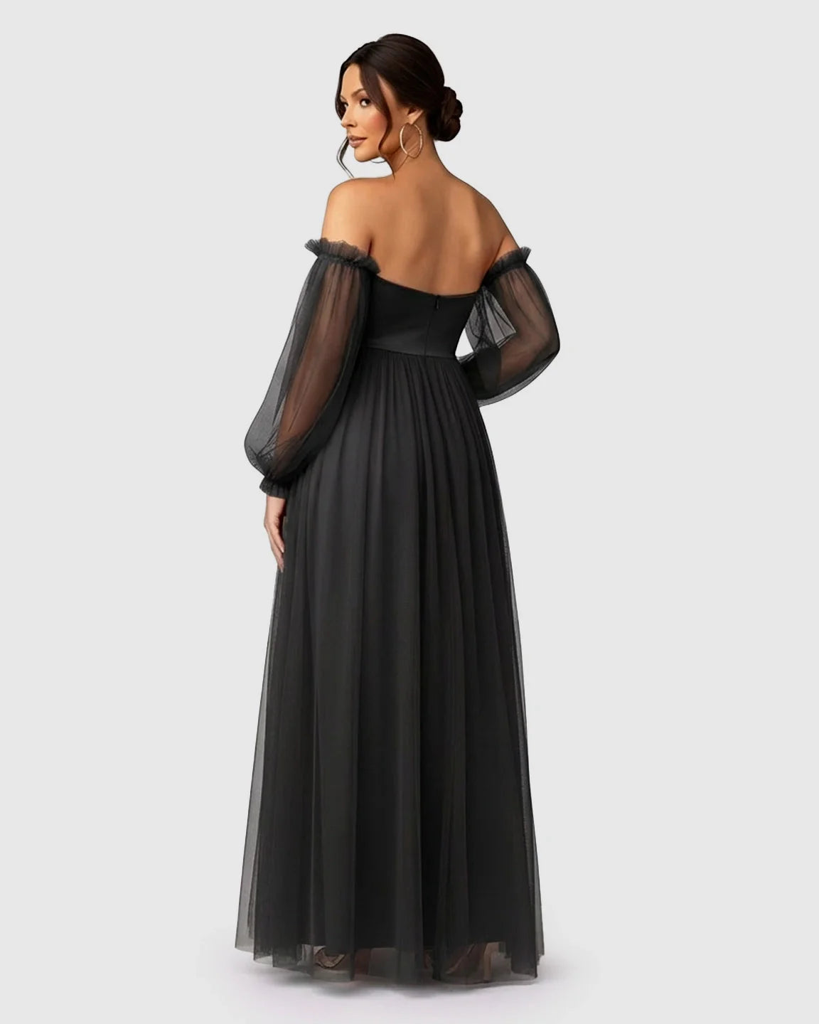 Bump Society – The Comfort Collection: Off-Shoulder Mesh-Sleeve Maternity Gown