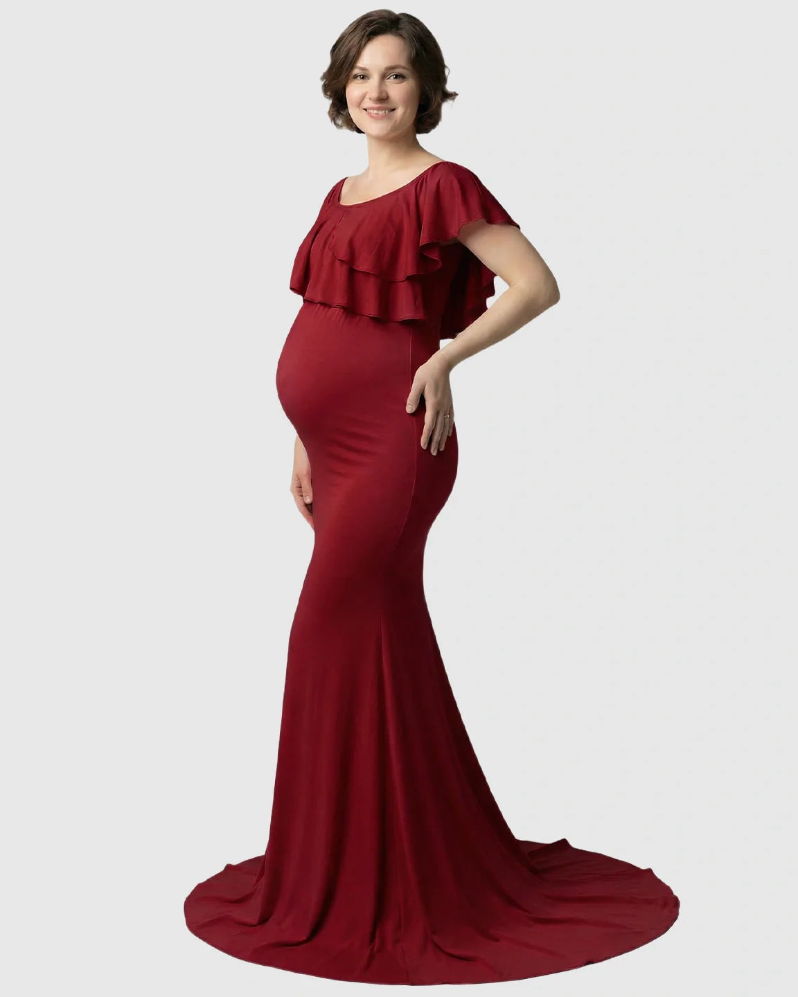 Bump Society – The Comfort Collection: Ruffle-Off Shoulder Trailing Maternity Gown