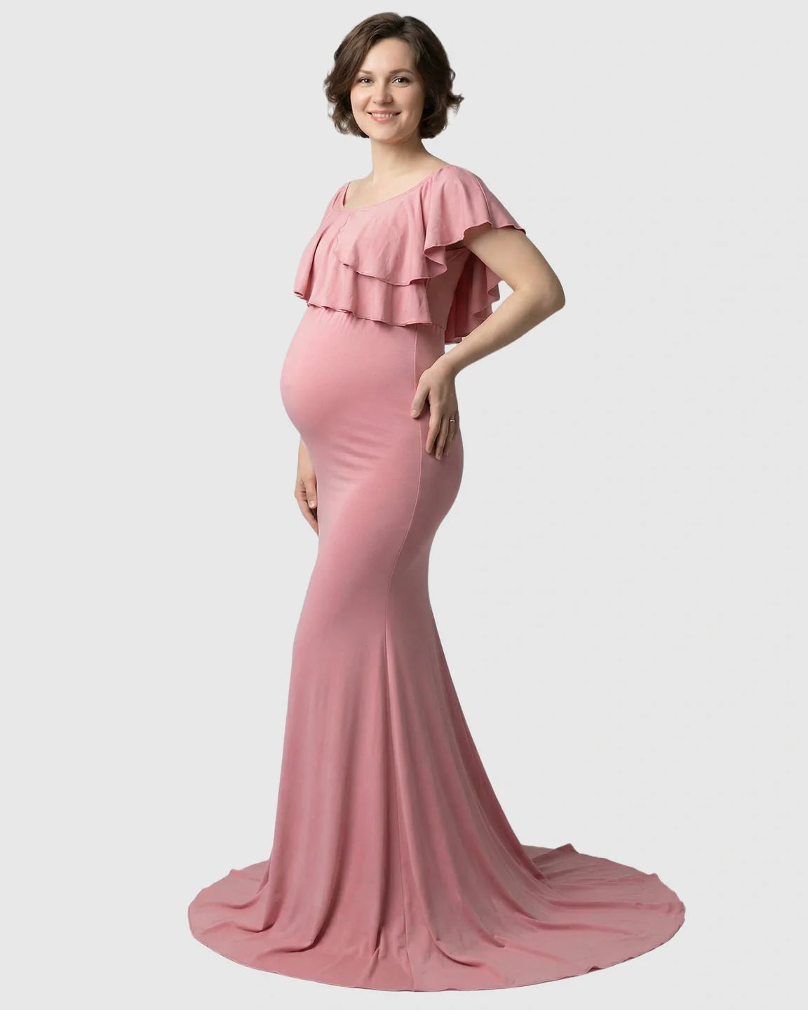 Bump Society – The Comfort Collection: Ruffle-Off Shoulder Trailing Maternity Gown