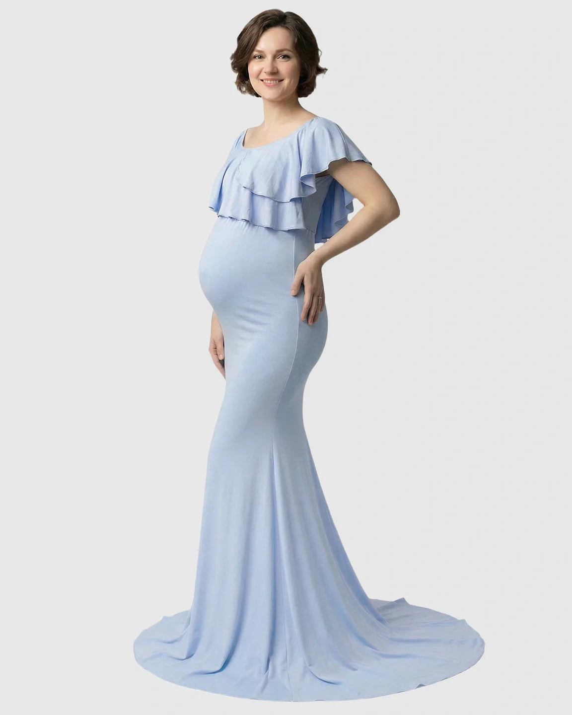 Bump Society – The Comfort Collection: Ruffle-Off Shoulder Trailing Maternity Gown