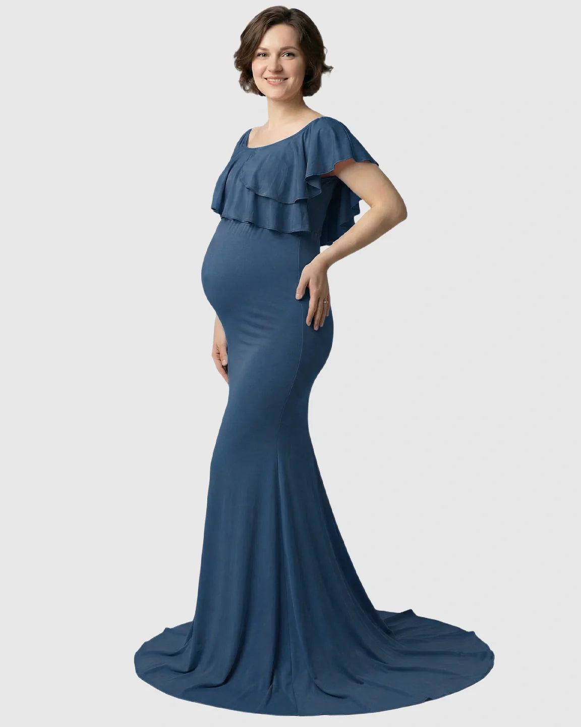 Bump Society – The Comfort Collection: Ruffle-Off Shoulder Trailing Maternity Gown