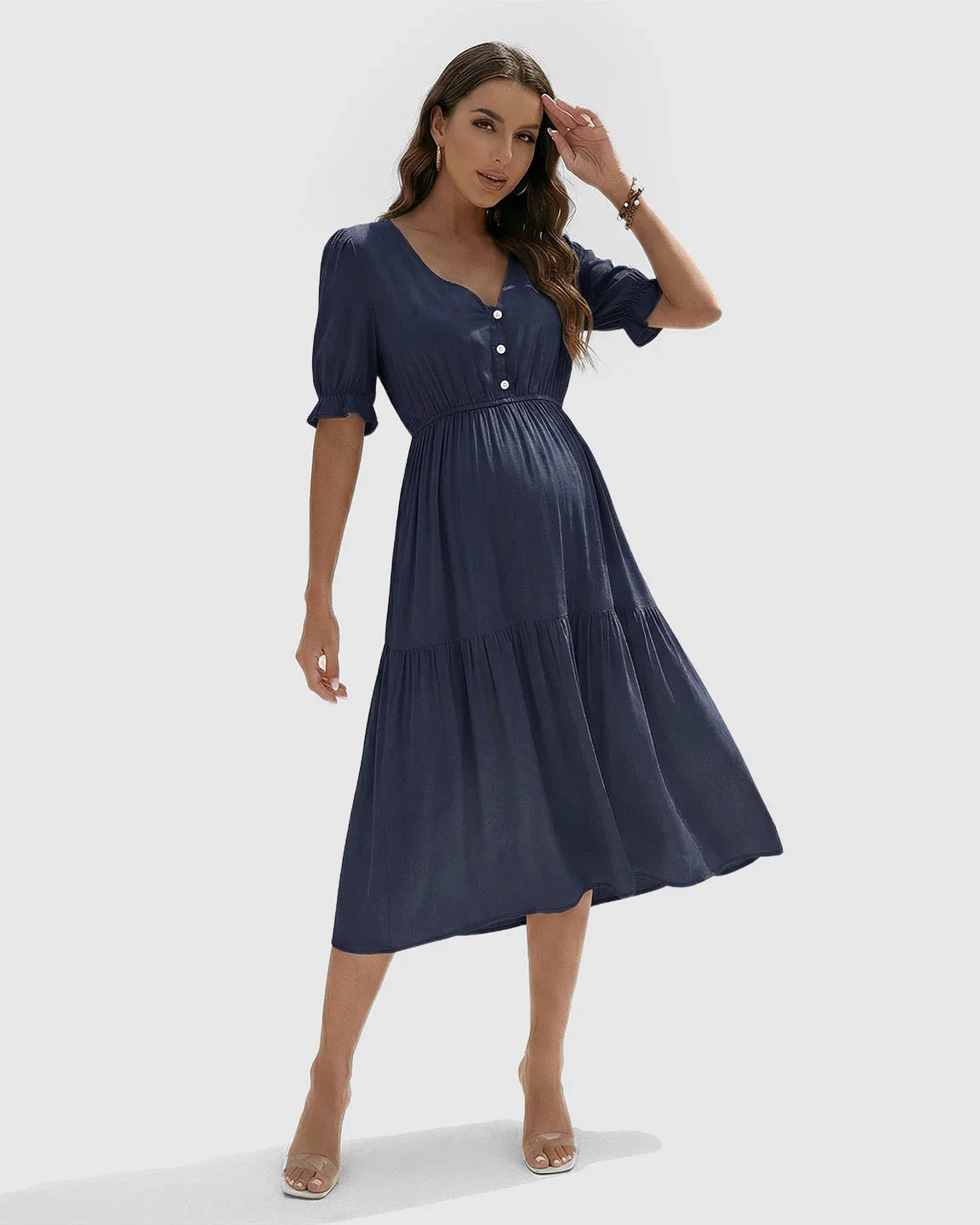 Bump Society – The Comfort Collection: V Neck Puff Sleeve Maternity Midi Dress
