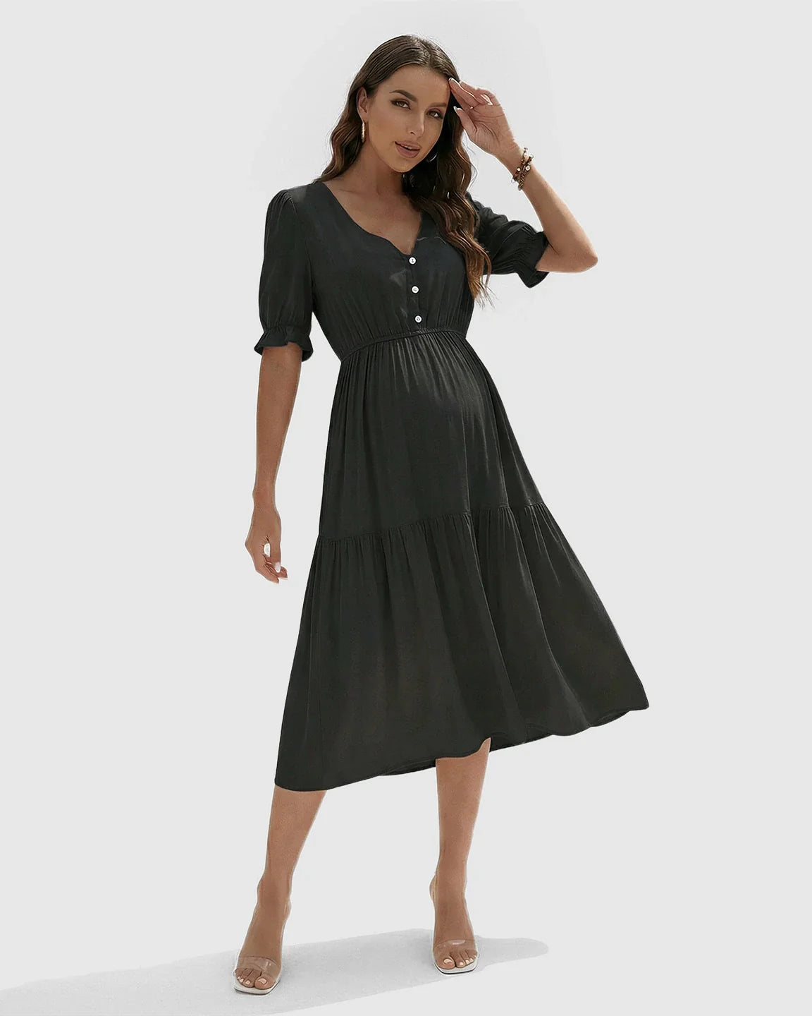 Bump Society – The Comfort Collection: V Neck Puff Sleeve Maternity Midi Dress