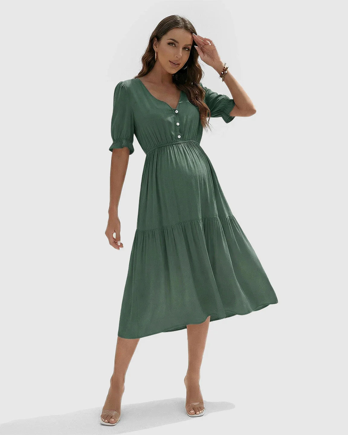 Bump Society – The Comfort Collection: V Neck Puff Sleeve Maternity Midi Dress