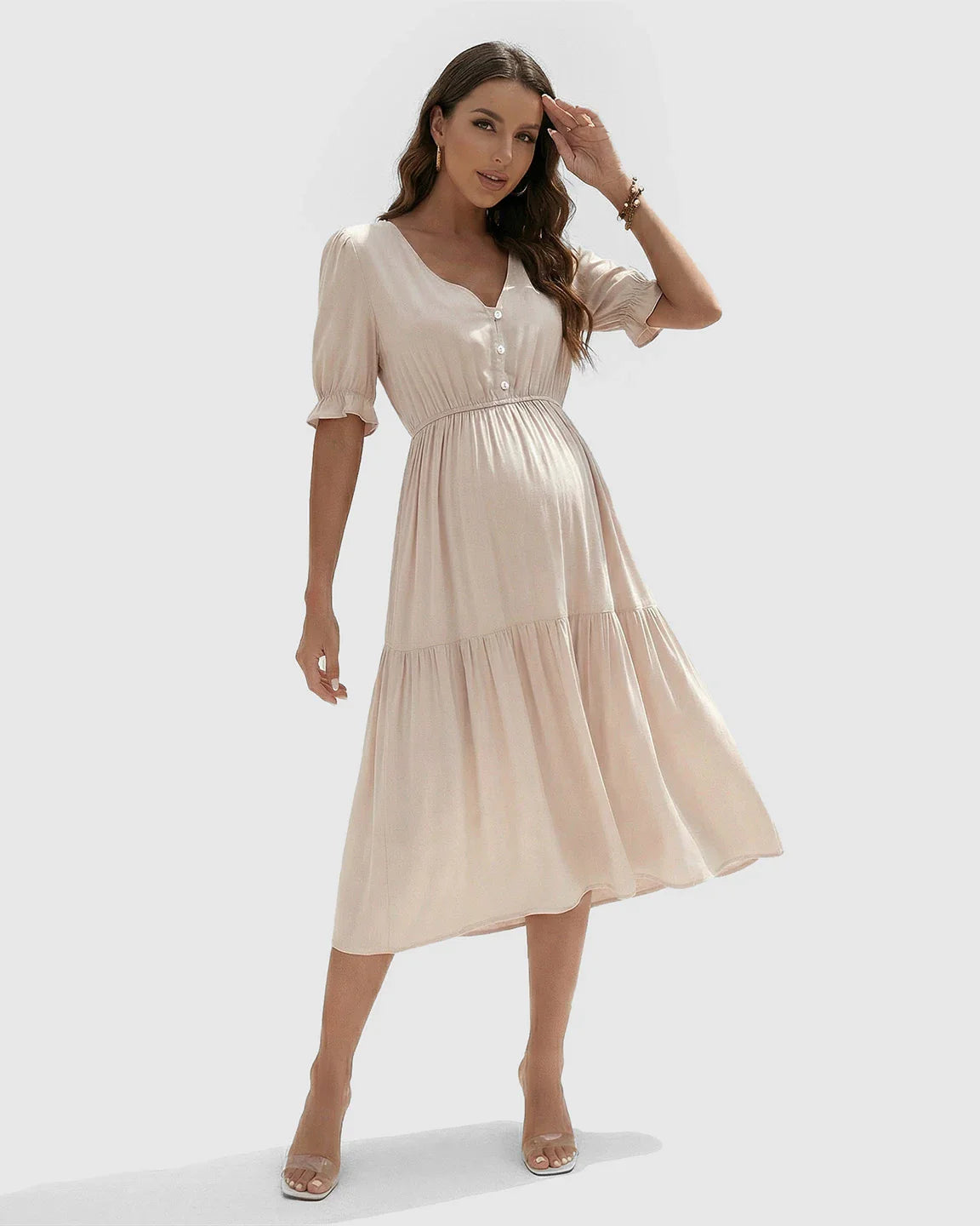 Bump Society – The Comfort Collection: V Neck Puff Sleeve Maternity Midi Dress