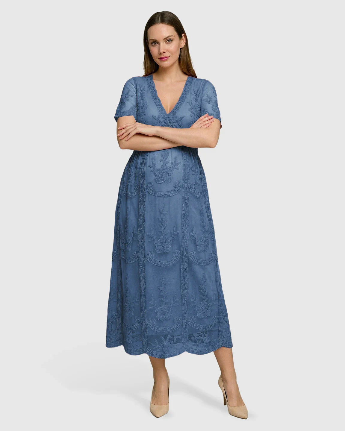 Blue lace maternity midi dress with V-neck, three-quarter sleeves, and swing skirt.