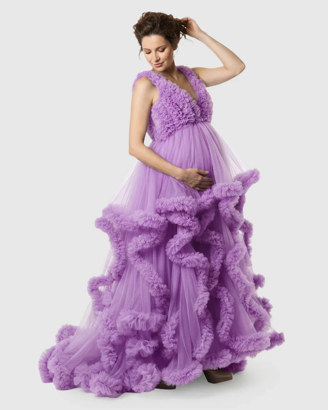 Bump Society – The Comfort Collection: Ruffled Bodice Multi-Layer Mesh Pleats Maternity Gown