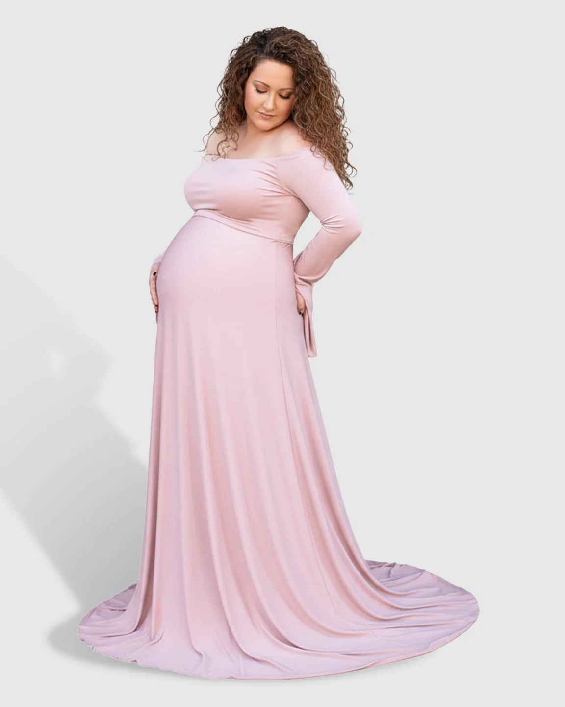 Bump Society – The Comfort Collection: Off-Shoulder Bell Sleeve Boho Maternity Photoshoot Maxi Dress