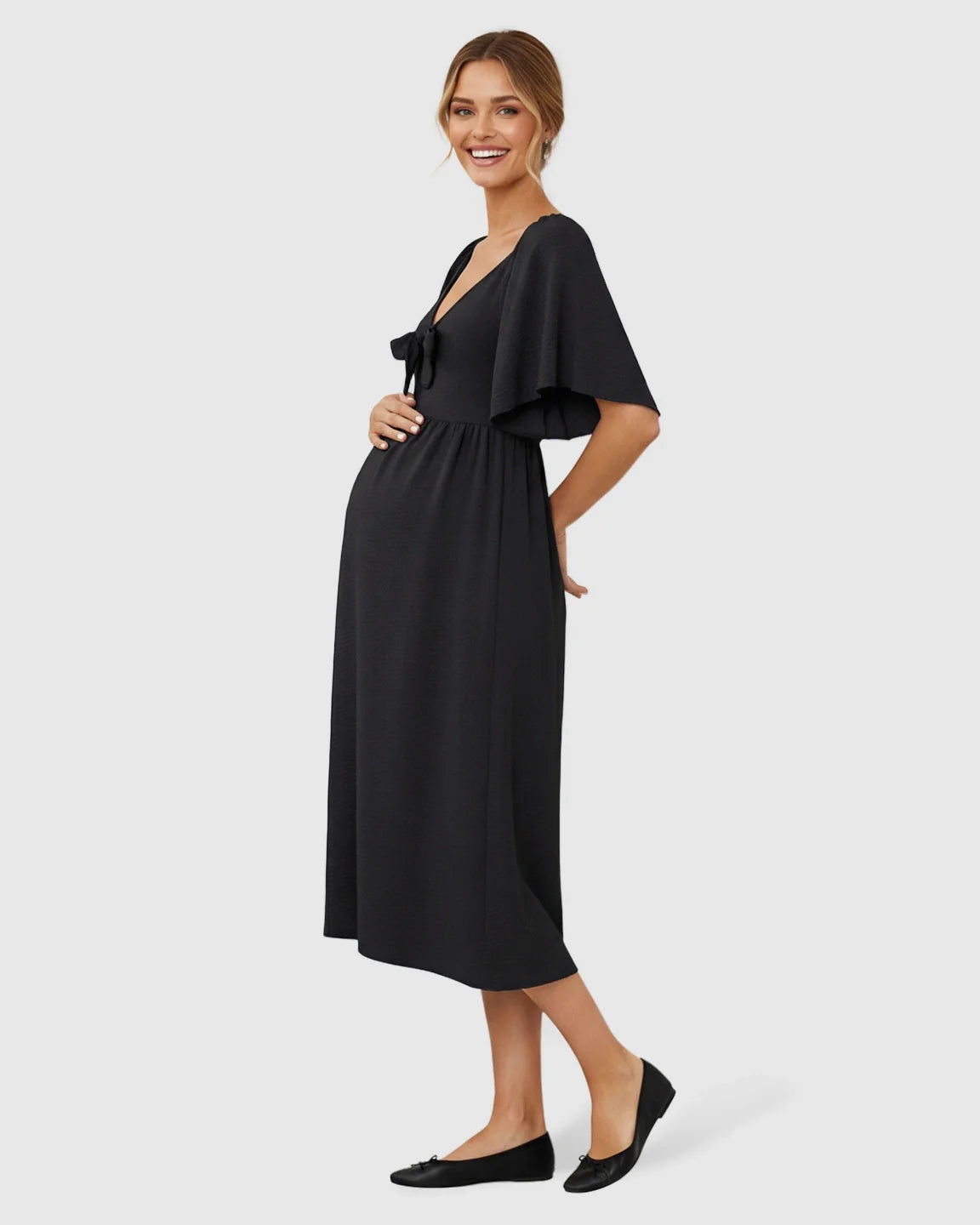 Bump Society – The Comfort Collection: Tie-Knot Front Swing Silhouette Maternity Midi Dress