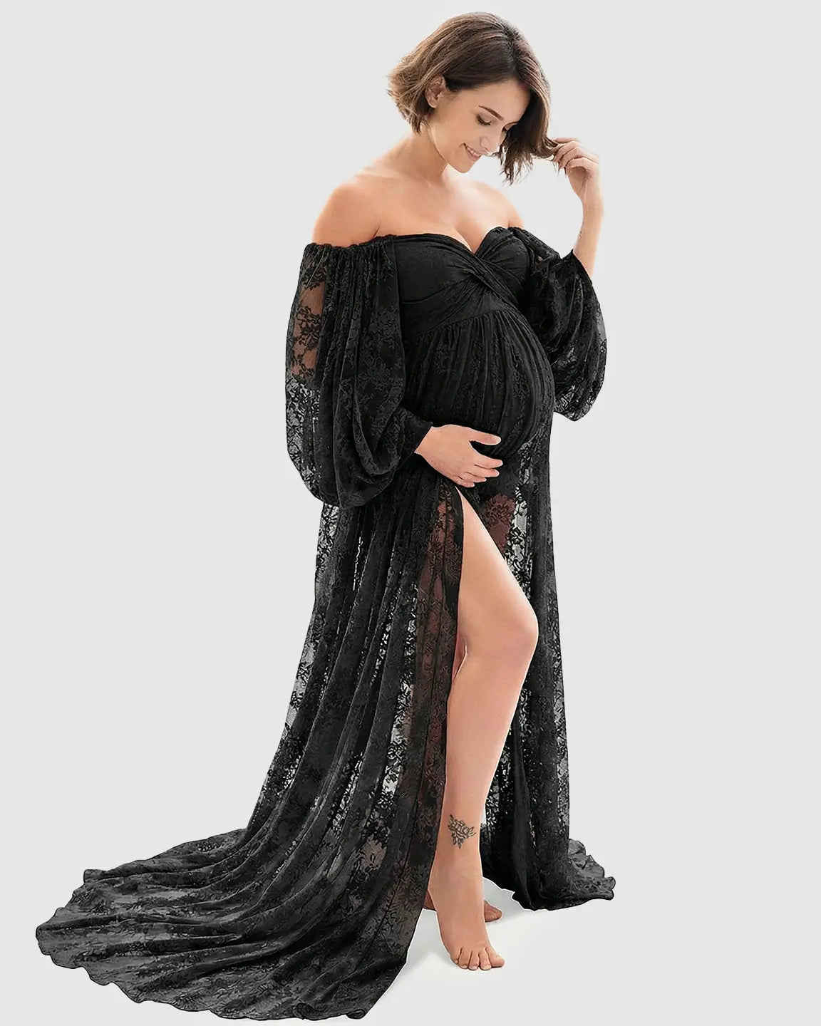 Bump Society – The Comfort Collection: Sheer Lace Flowy Maternity Photoshoot Gown