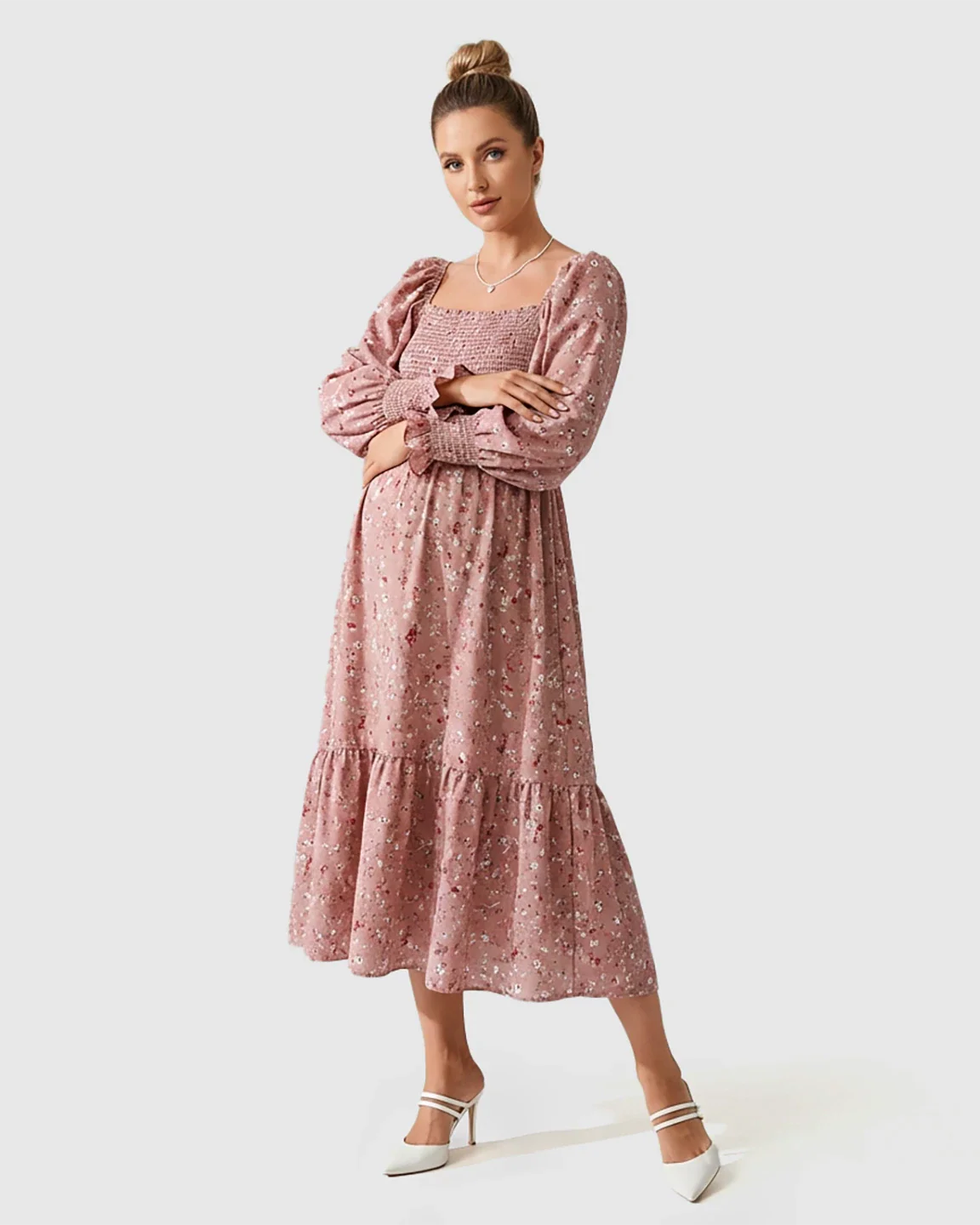 Bump Society – The Comfort Collection: Smocked Bodice Feminine Maternity Midi Dress