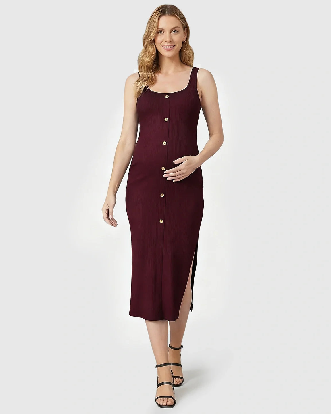 Bump Society – The Comfort Collection: Button-Front Bodycon Maternity Midi Dress