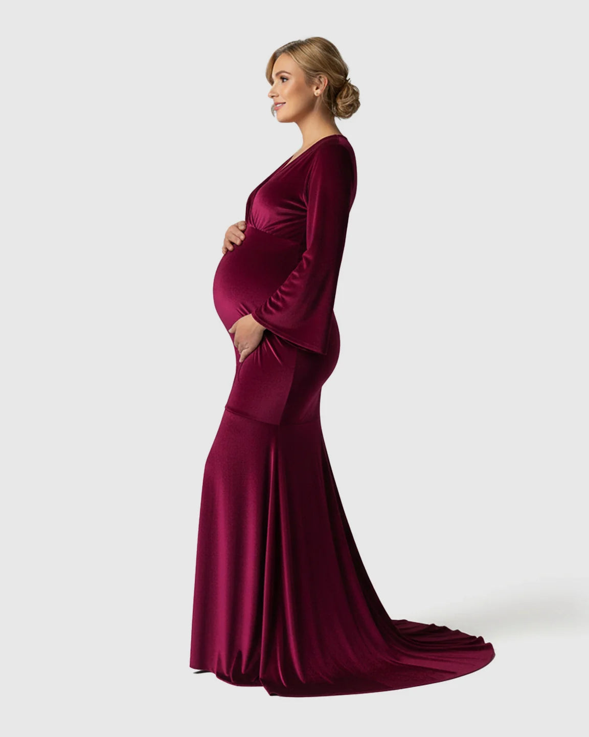 Bump Society – The Comfort Collection: Long-Sleeve Mermaid Train Maternity Photoshoot Gown