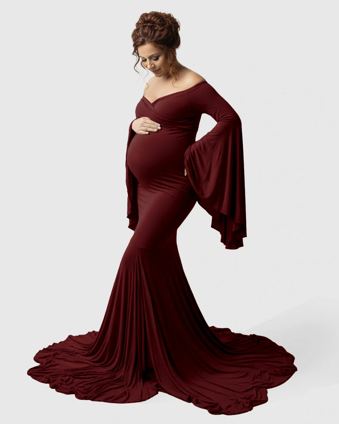 Bump Society – The Comfort Collection: Flared Sleeve Fishtail Train Maternity Photoshoot Dress