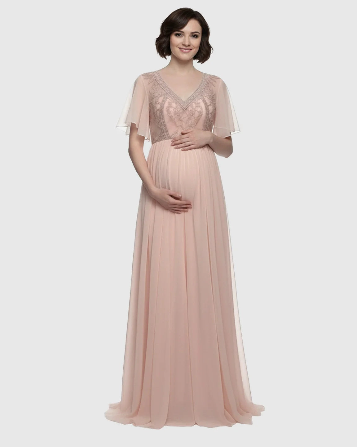 Bump Society – The Comfort Collection: Embroidered Bodice Long Train Maternity Photoshoot Gown