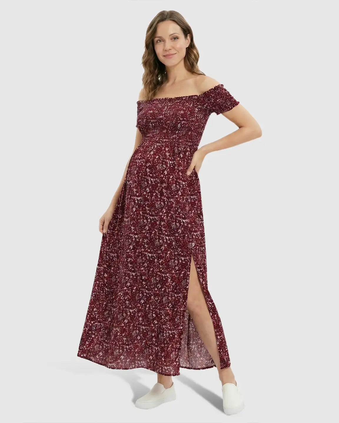 Red floral print off-shoulder maternity maxi dress with a side slit.