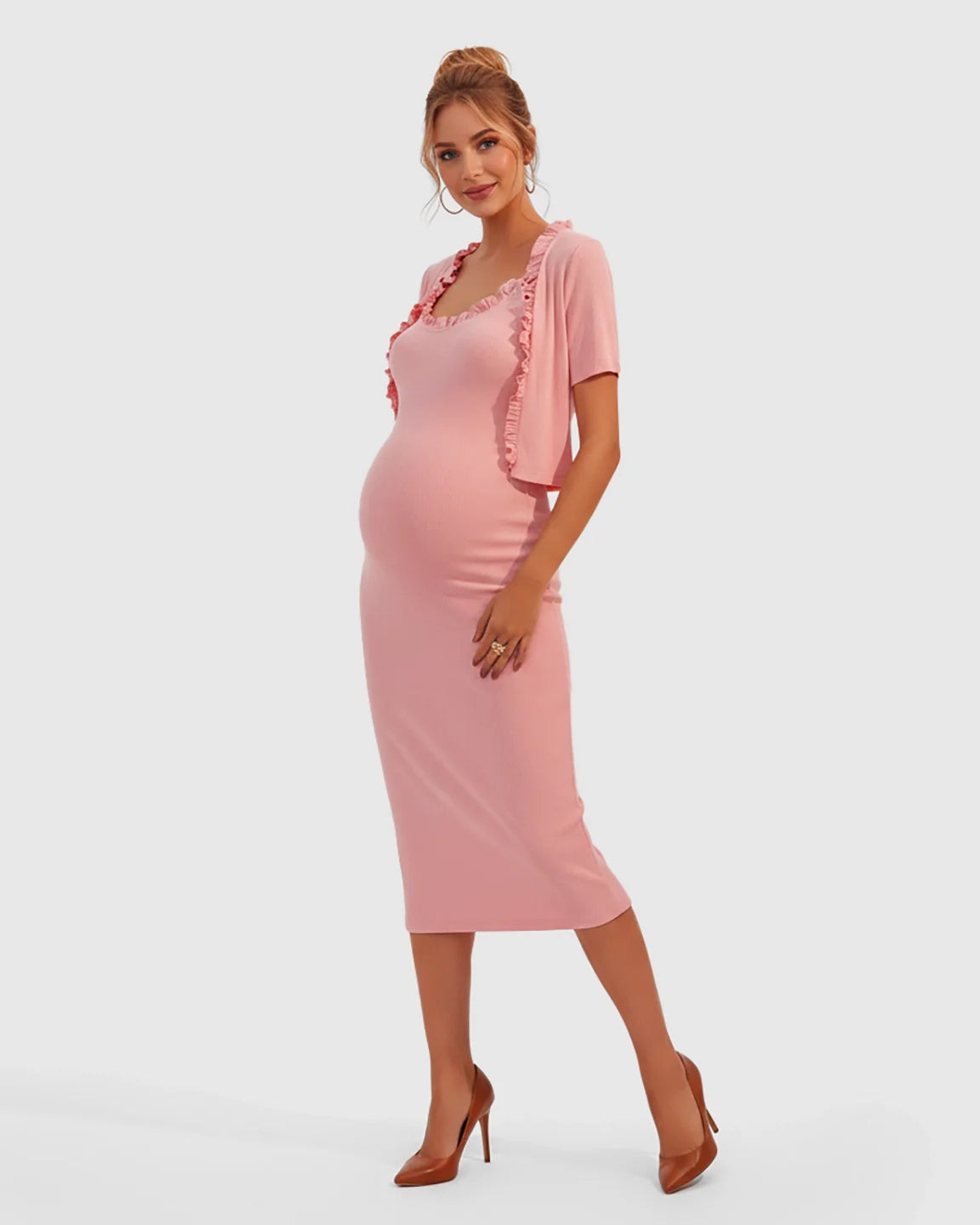 Bump Society – The Comfort Collection: Ruffle Neck Bodycon Maternity Midi Dress Set